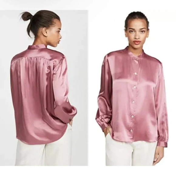 VINCE Shirred Band-Collar 100% Silk Satin Blouse in Rose Root Color - Picture 1 of 8